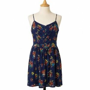 Xhilaration XL Navy Blue Floral Mini Dress Smocked Back Adjustable Strap Rayon